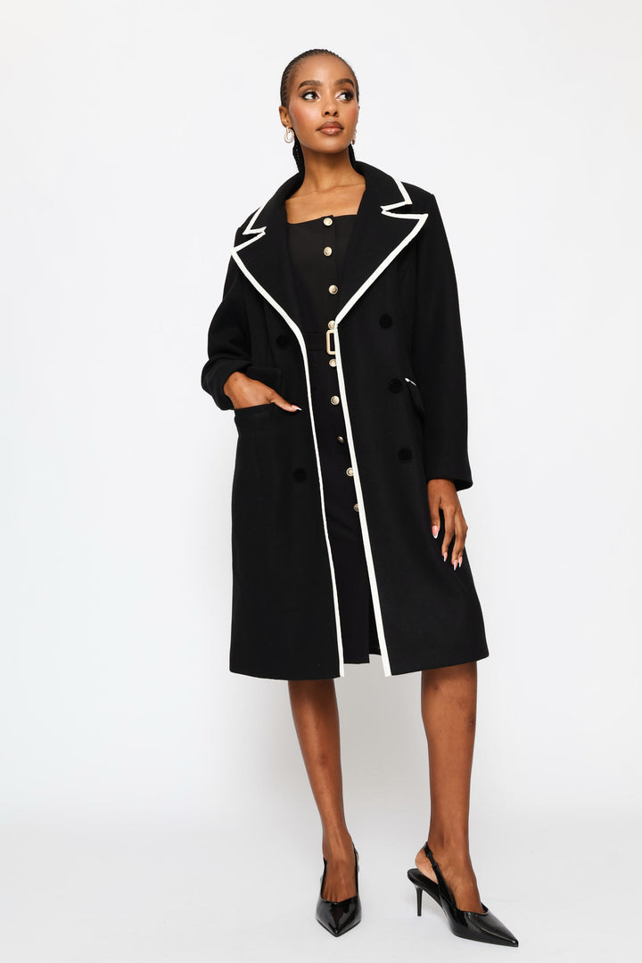 Double Constrast Tipped Melton Coat - Black/Cream