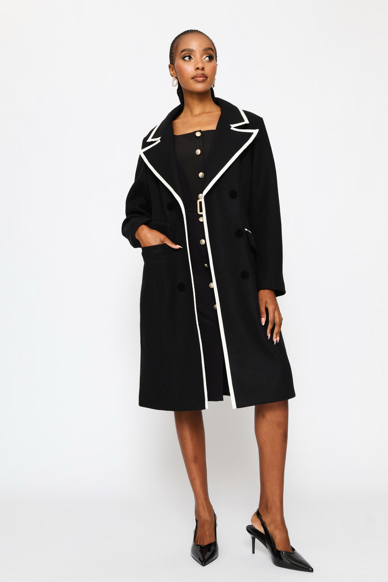 Double Constrast Tipped Melton Coat - Black/Cream
