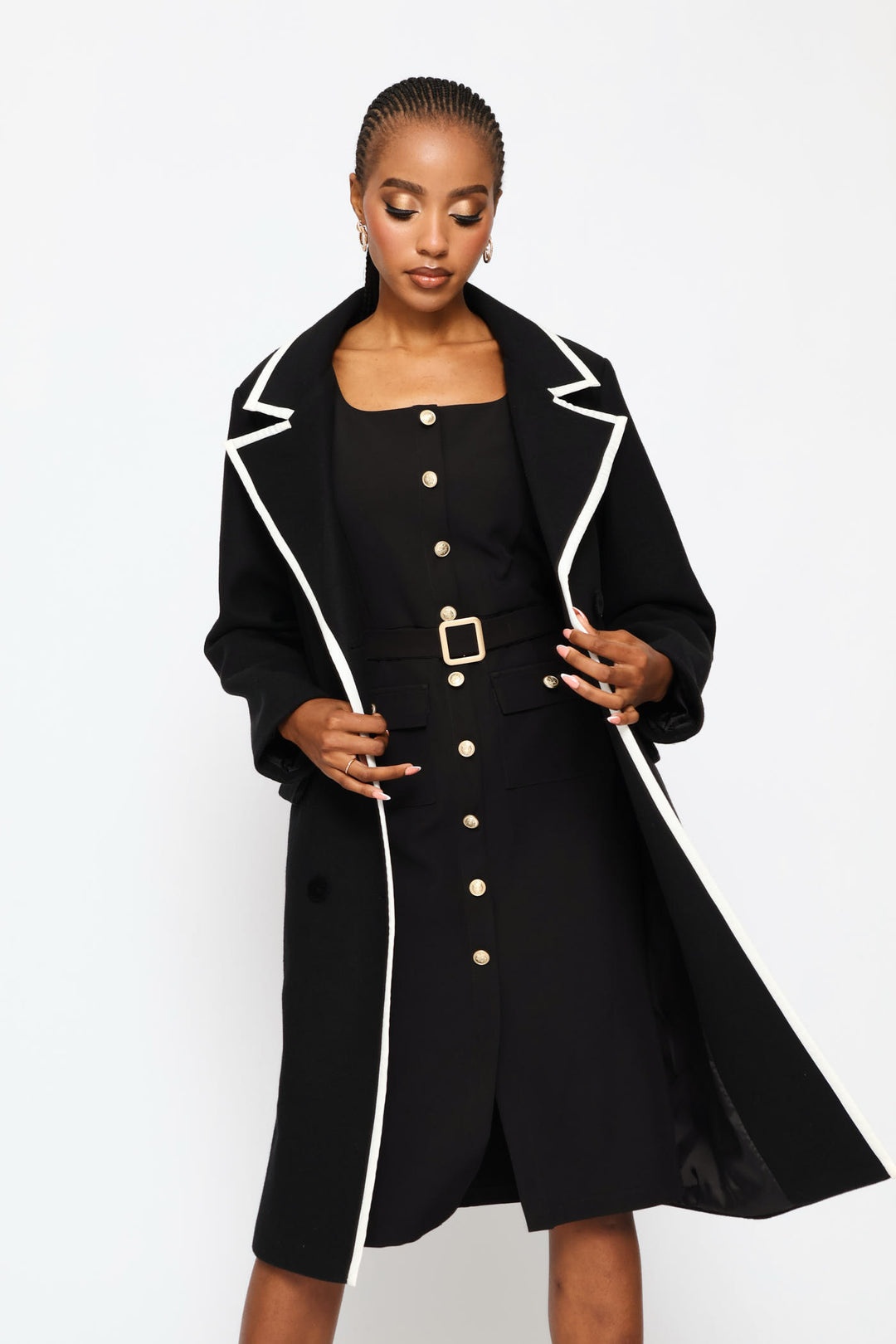 Square Neck Button Through Midi Dress - Black