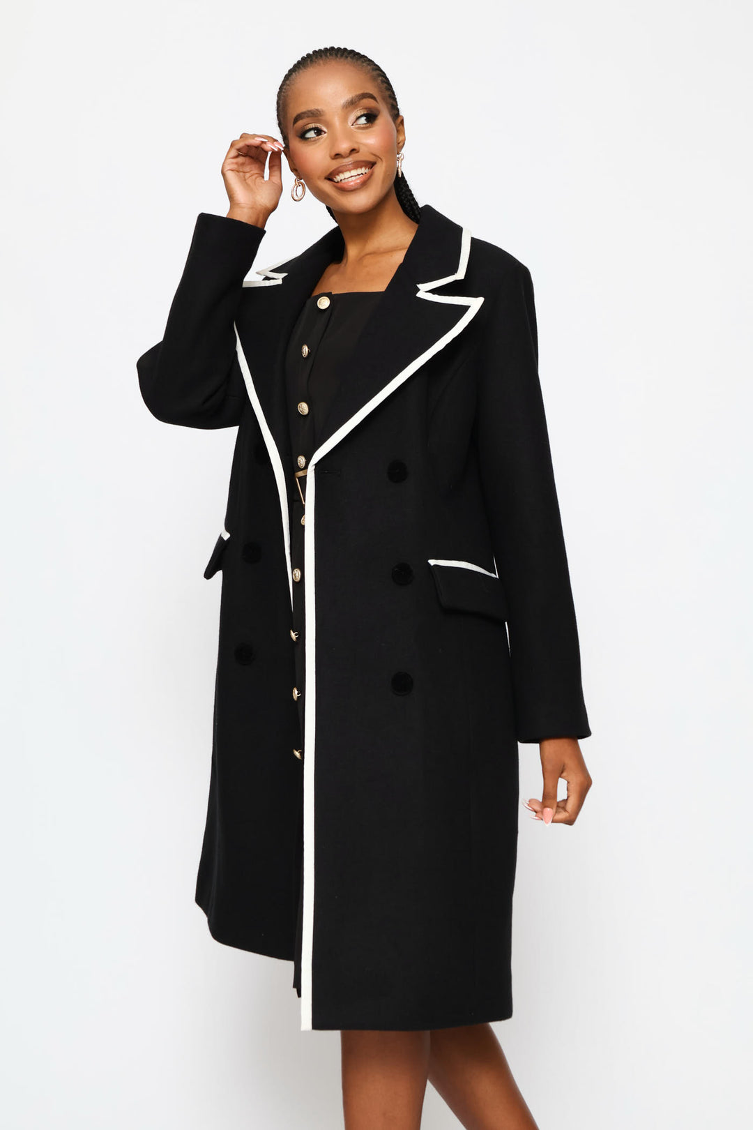Double Constrast Tipped Melton Coat - Black/Cream
