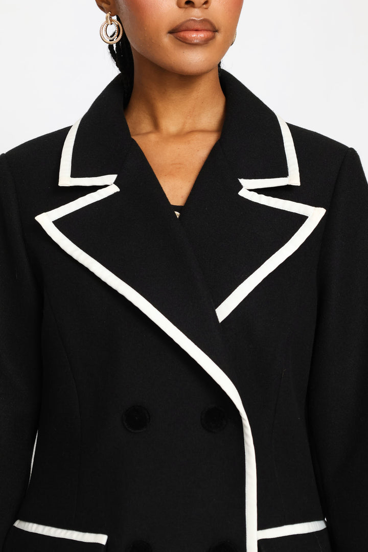 Double Constrast Tipped Melton Coat - Black/Cream