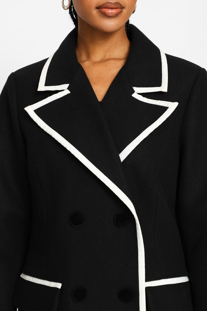 Double Constrast Tipped Melton Coat - Black/Cream