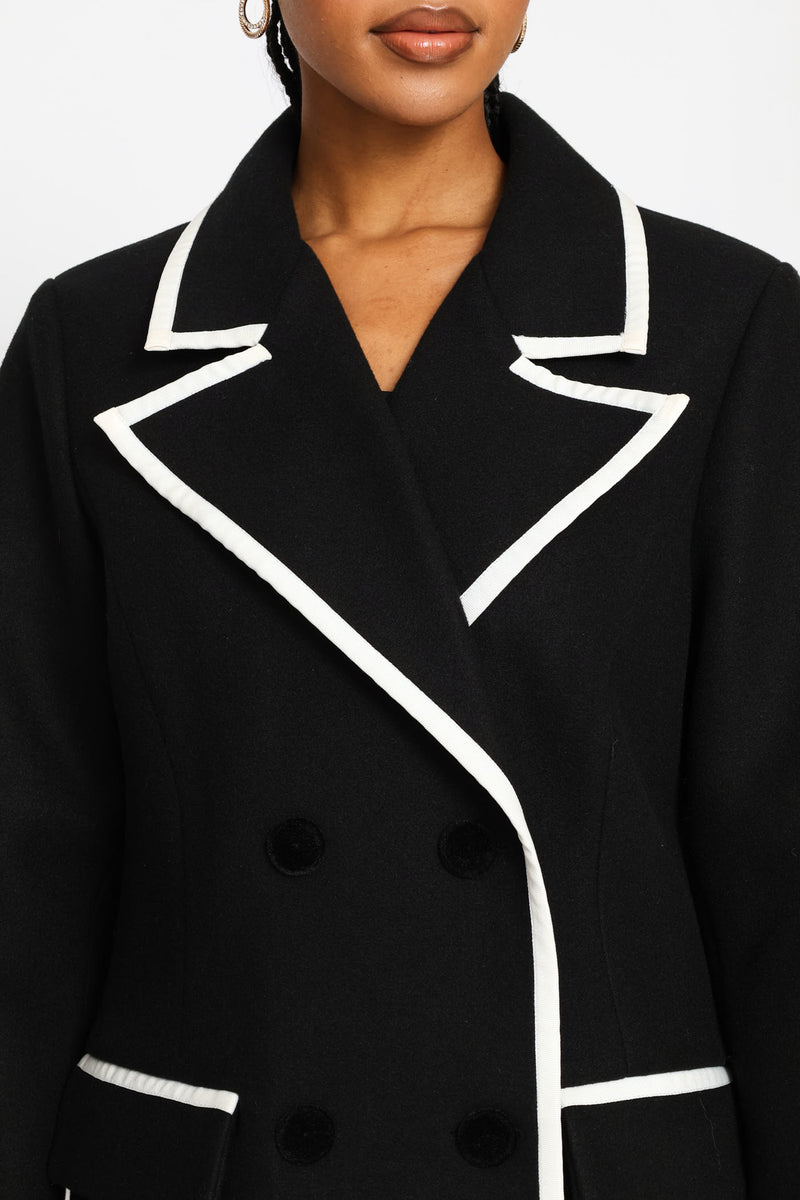 Double Constrast Tipped Melton Coat - Black/Cream