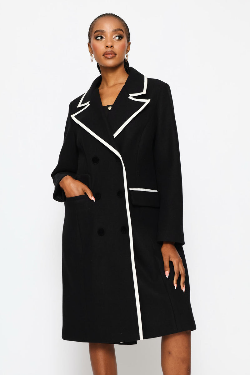 Double Constrast Tipped Melton Coat - Black/Cream