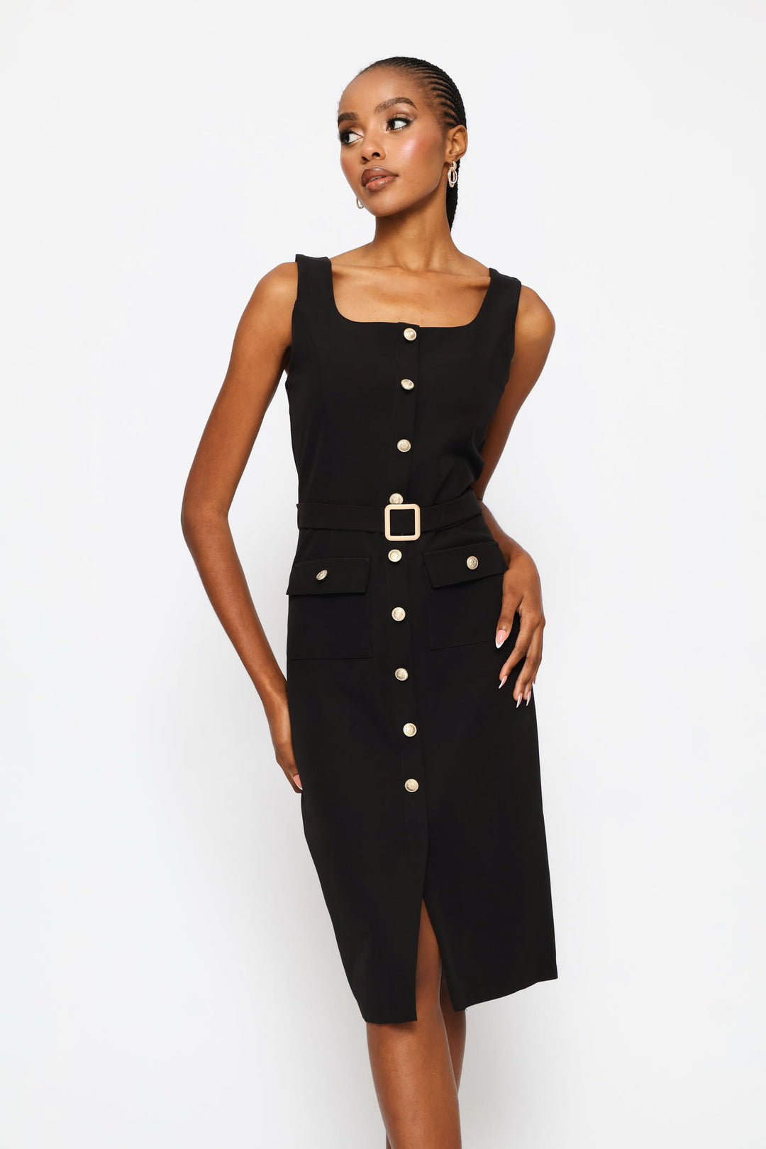 Square Neck Button Through Midi Dress - Black