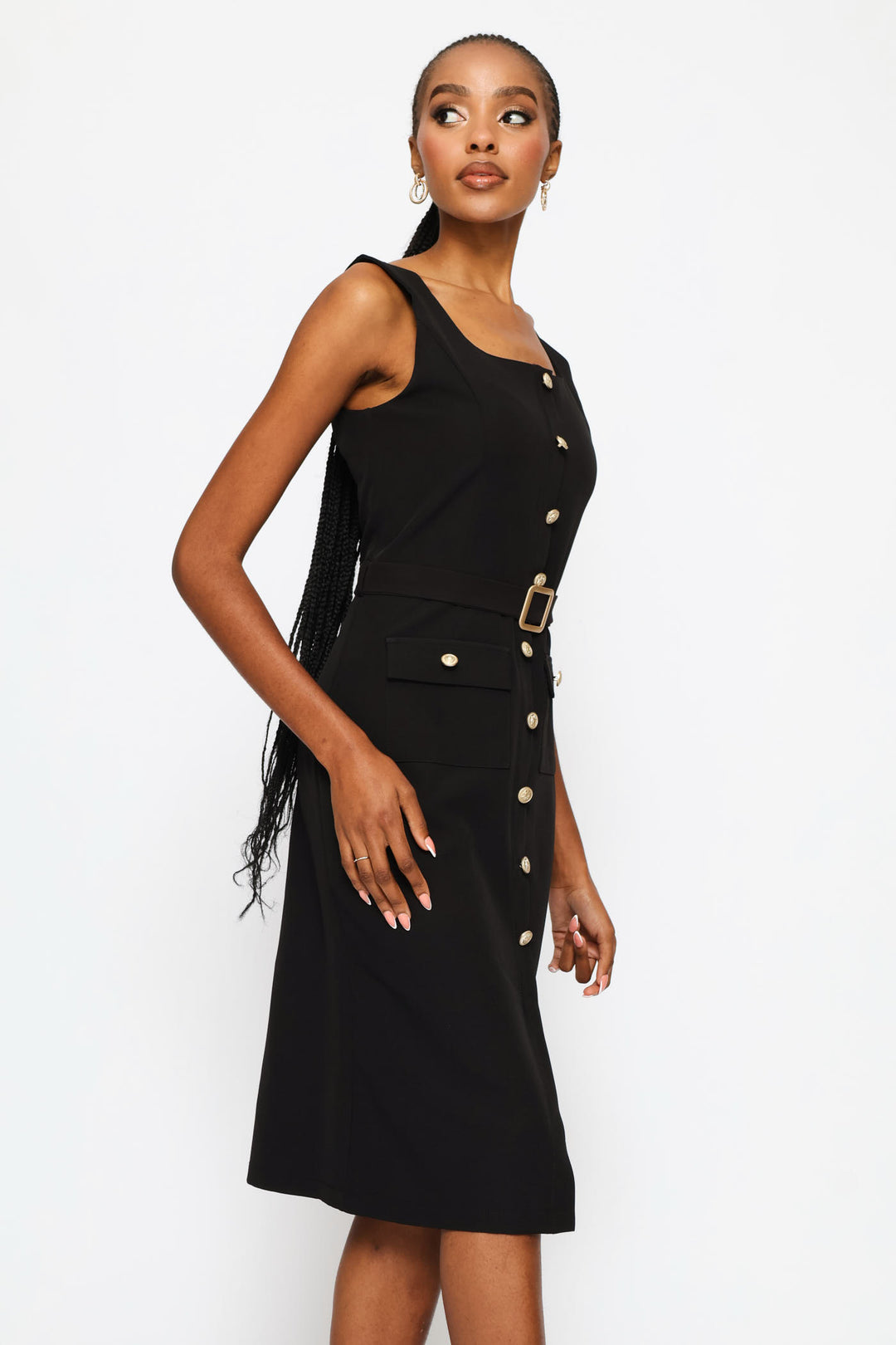 Square Neck Button Through Midi Dress - Black