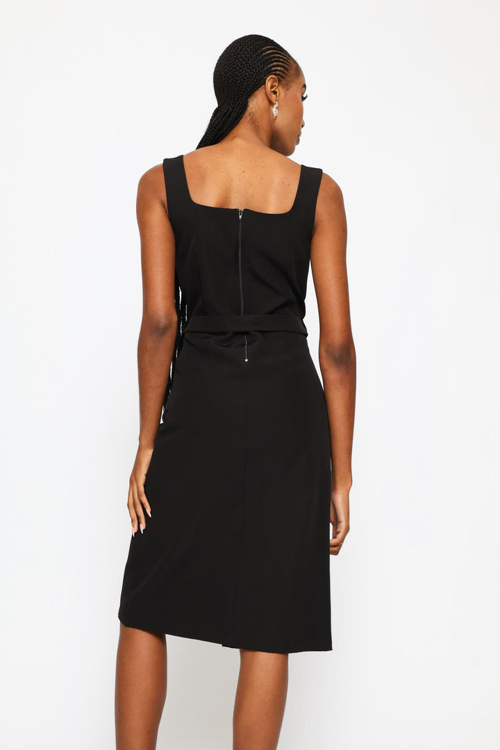 Square Neck Button Through Midi Dress - Black