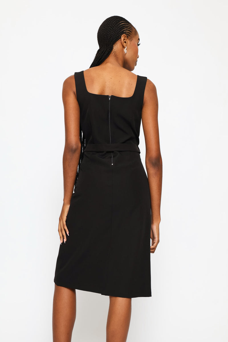 Square Neck Button Through Midi Dress - Black