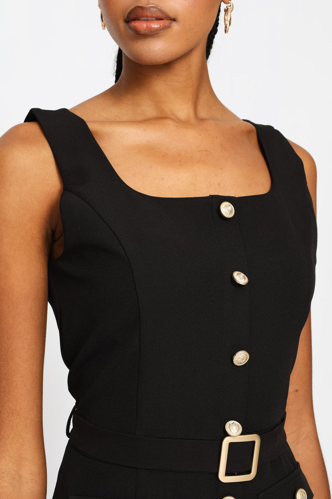 Square Neck Button Through Midi Dress - Black