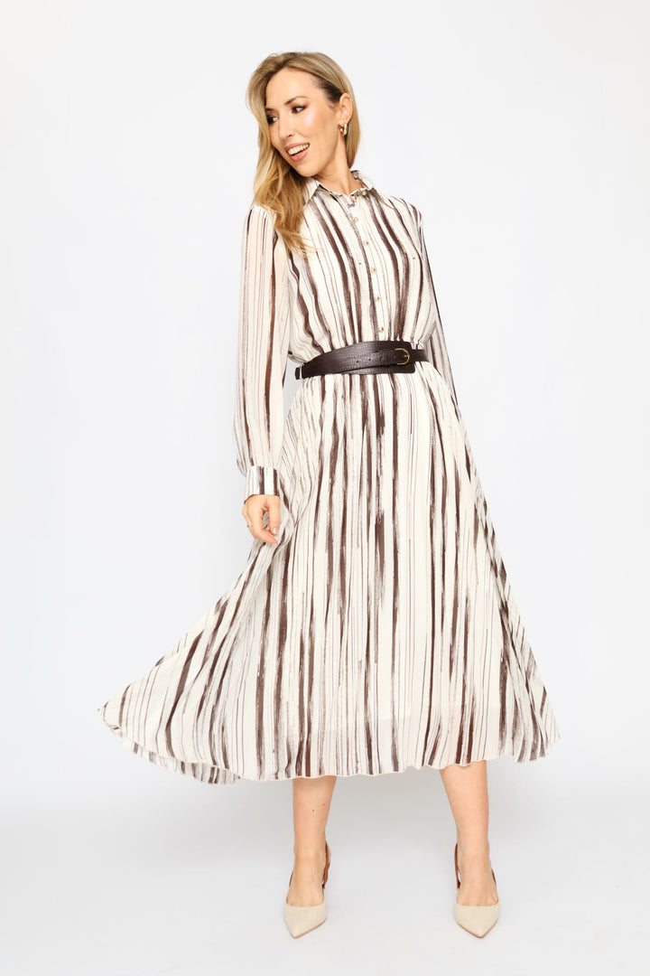 Fancy Belt Pleated Shirt Maxi Dress - Chocolate