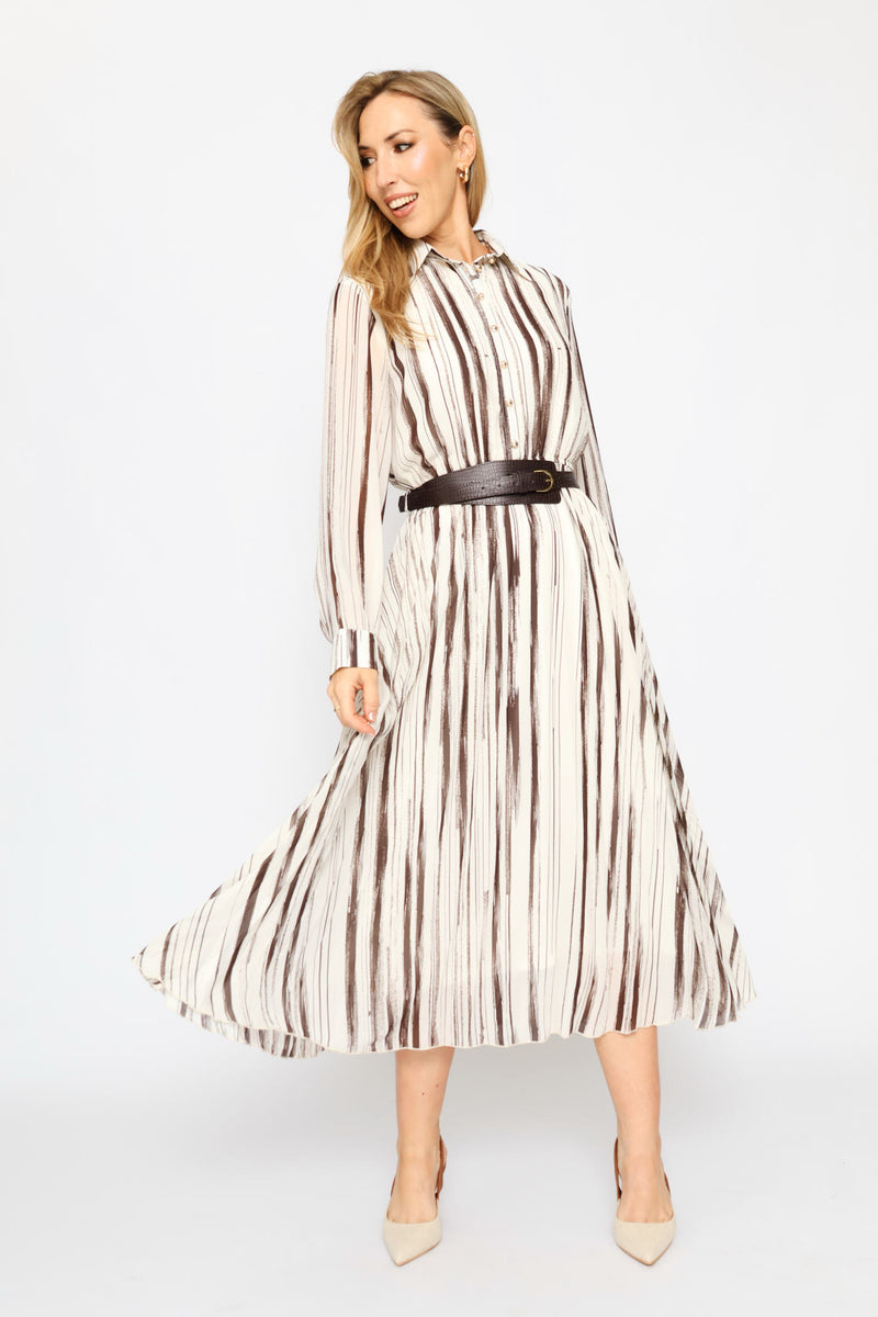Fancy Belt Pleated Shirt Maxi Dress - Chocolate