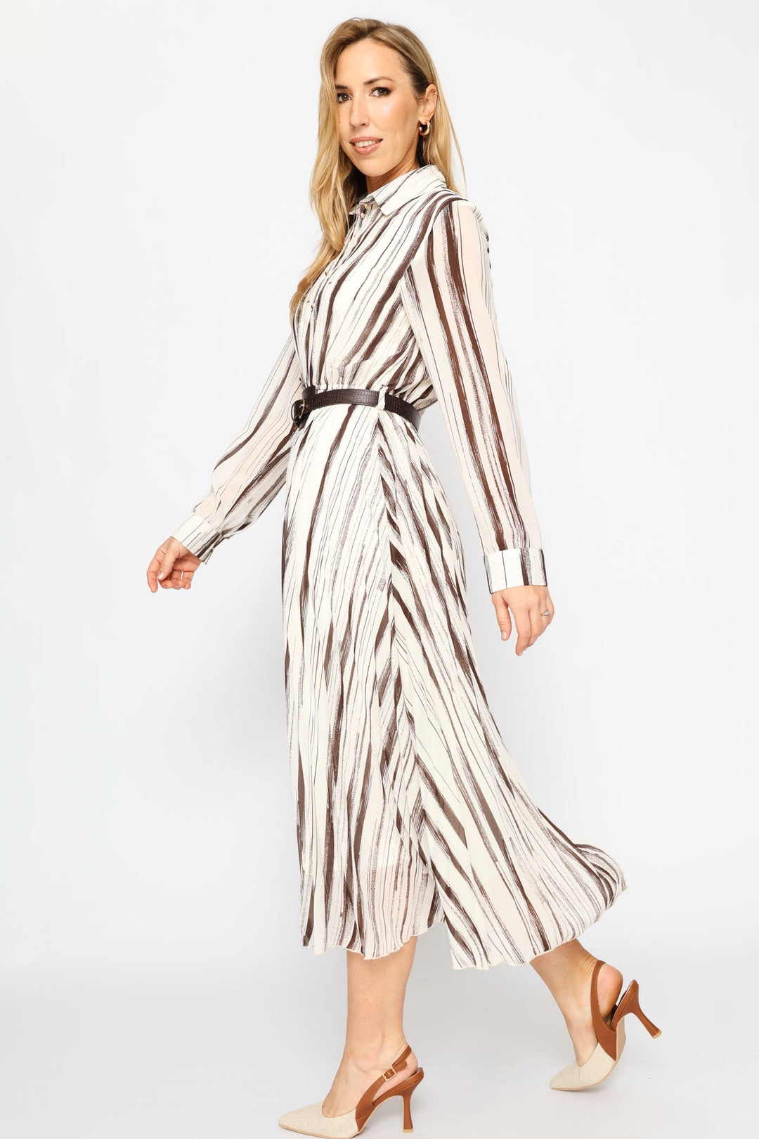 Fancy Belt Pleated Shirt Maxi Dress - Chocolate