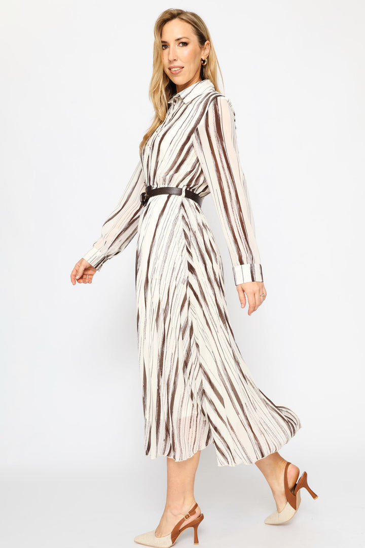 Fancy Belt Pleated Shirt Maxi Dress - Chocolate