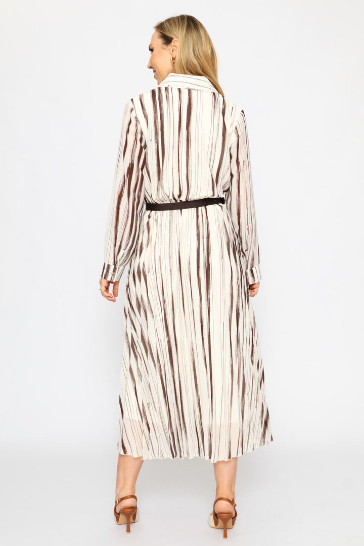 Fancy Belt Pleated Shirt Maxi Dress - Chocolate