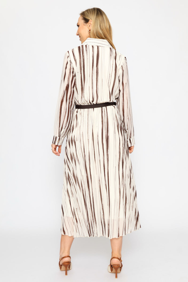 Fancy Belt Pleated Shirt Maxi Dress - Chocolate
