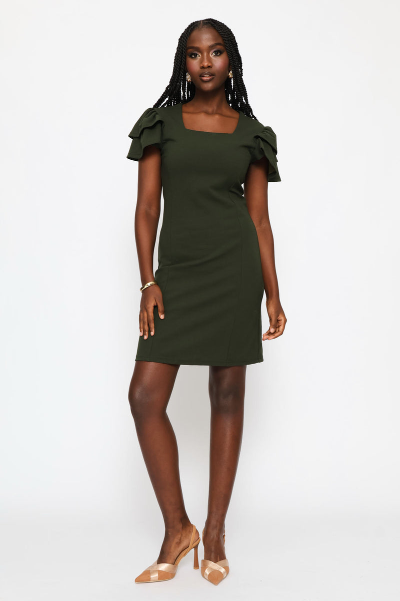 Frill Sleeve Bodycon Dress - Fatigue