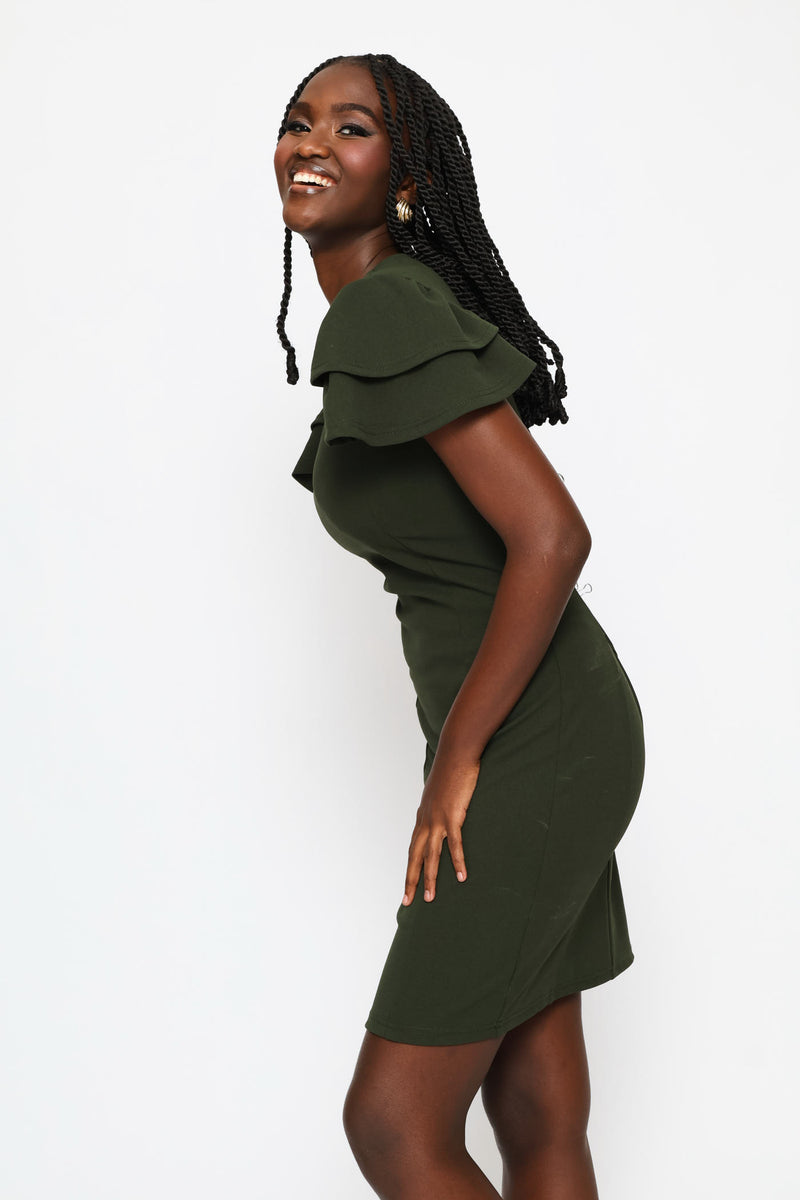 Frill Sleeve Bodycon Dress - Fatigue