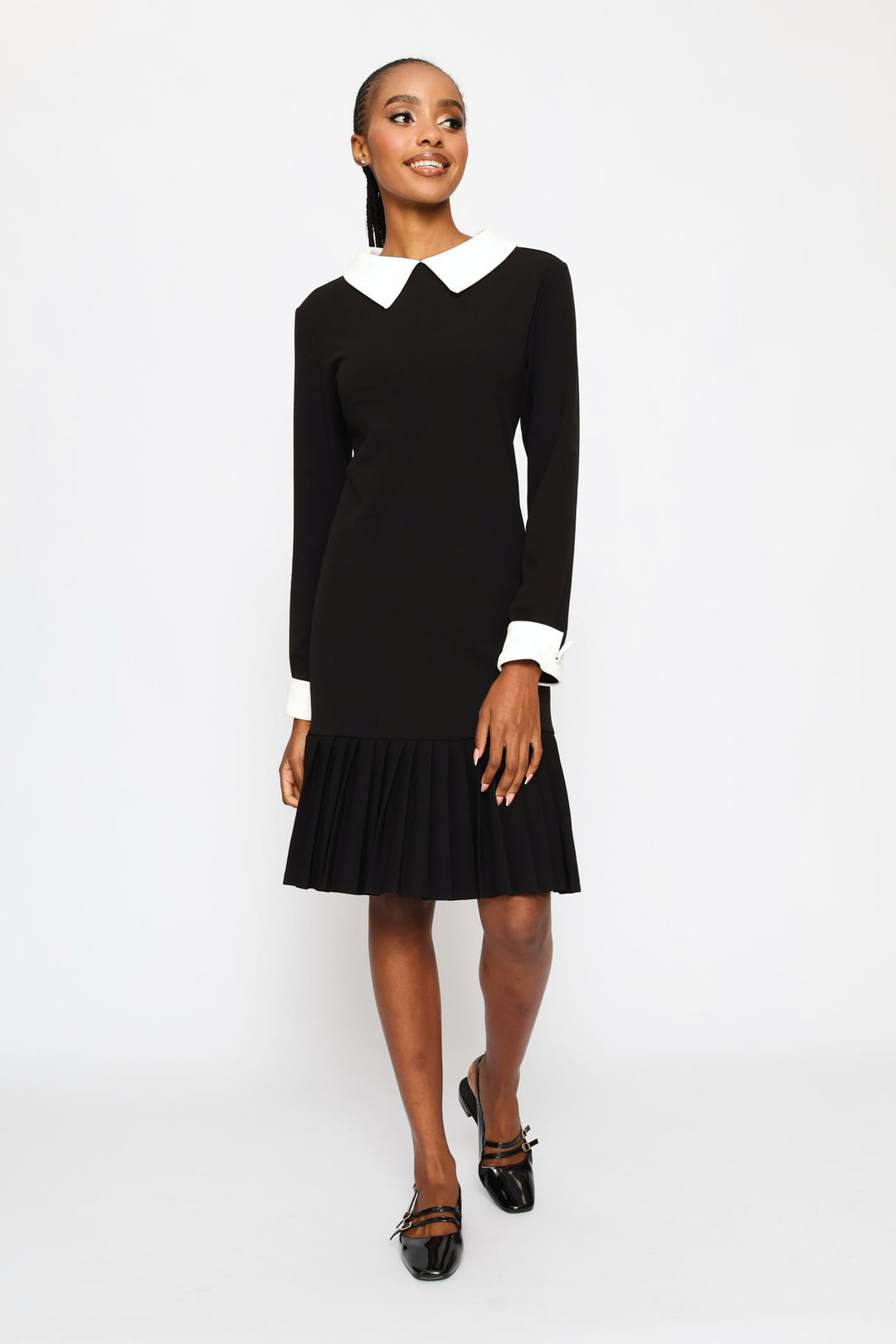 Pleated Hem Combo Shirt Dress - Black/Cream