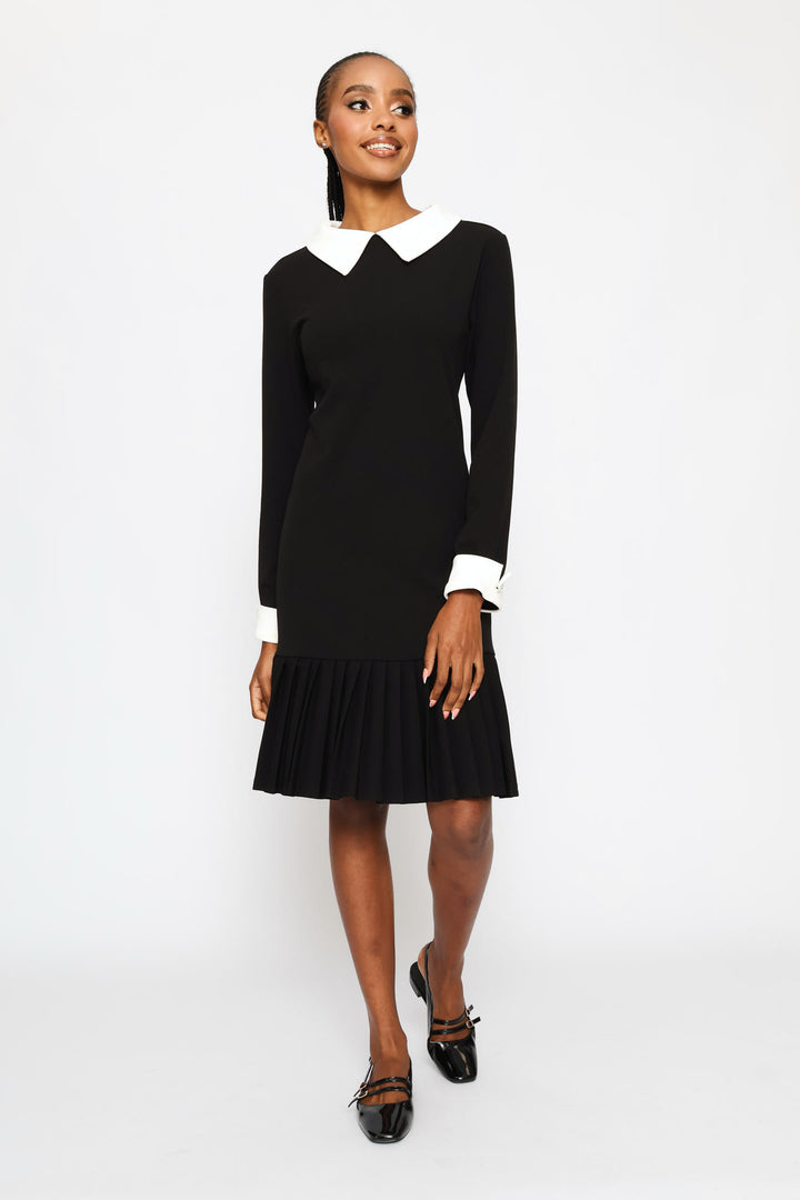 Pleated Hem Combo Shirt Dress - Black/Cream