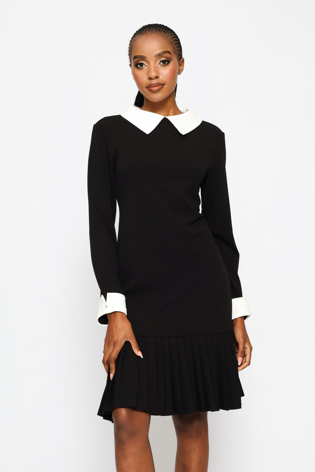 Pleated Hem Combo Shirt Dress - Black/Cream