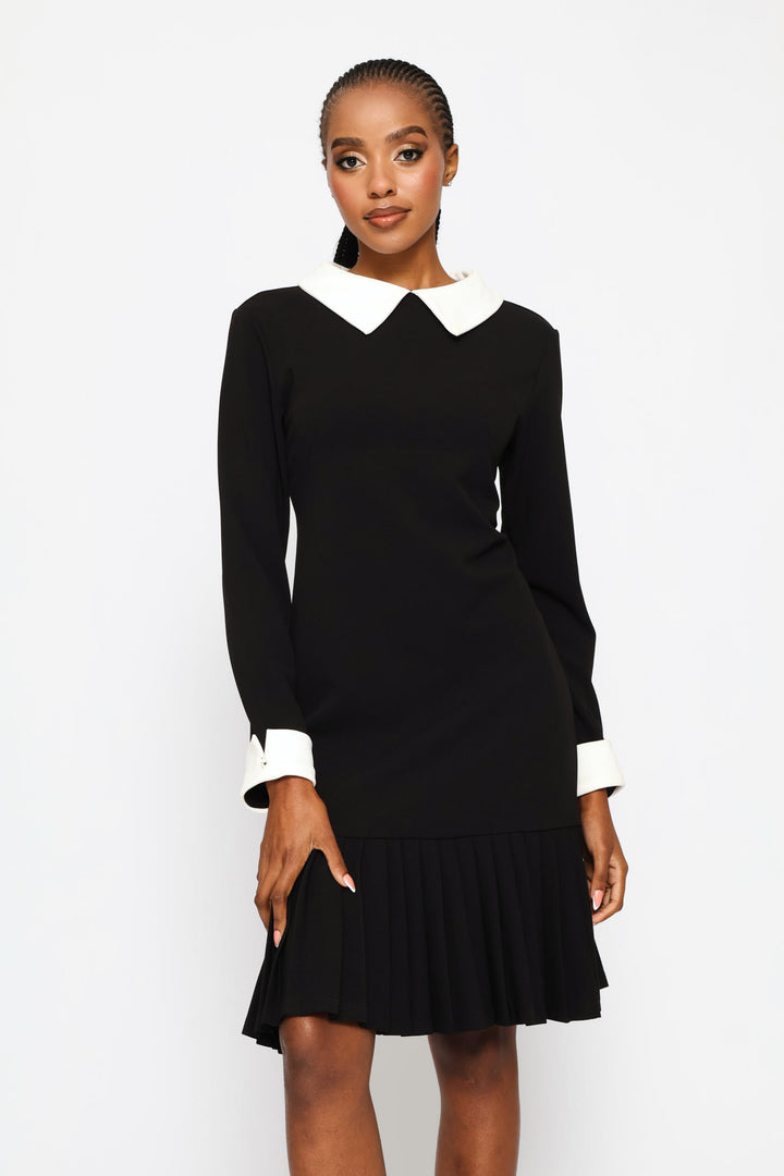 Pleated Hem Combo Shirt Dress - Black/Cream