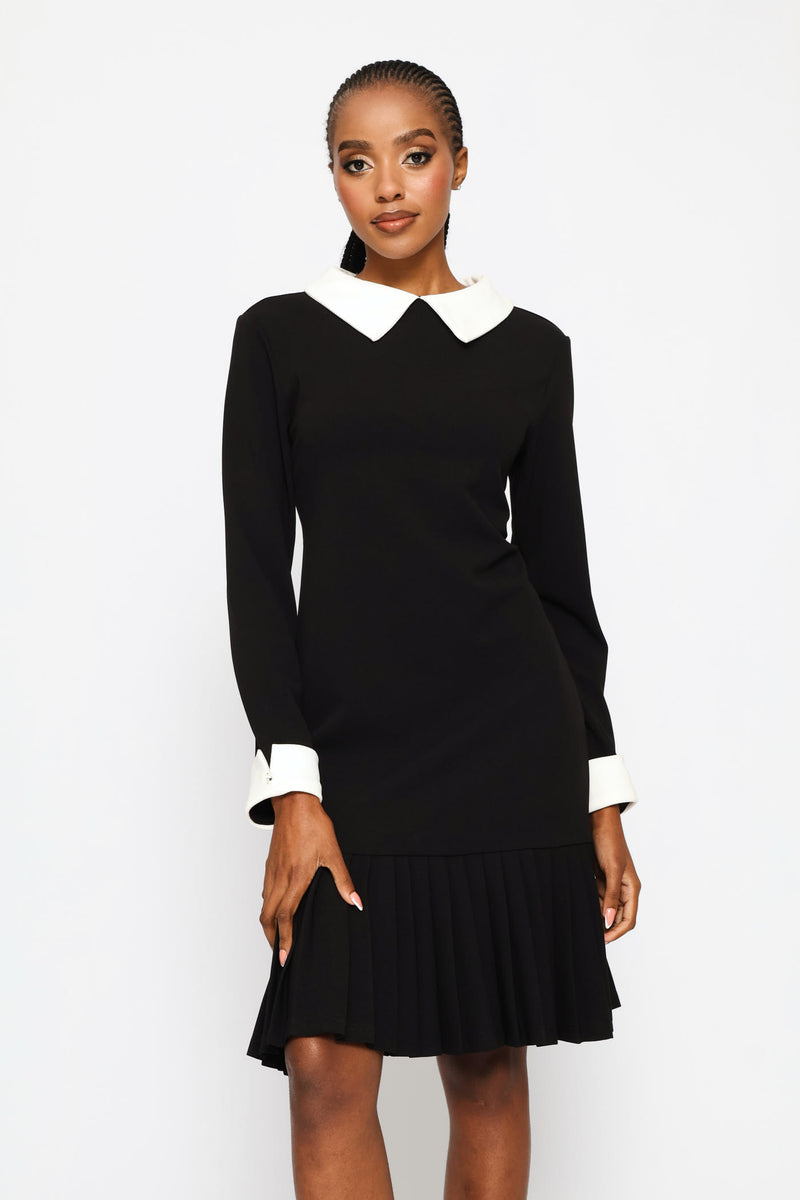 Pleated Hem Combo Shirt Dress - Black/Cream