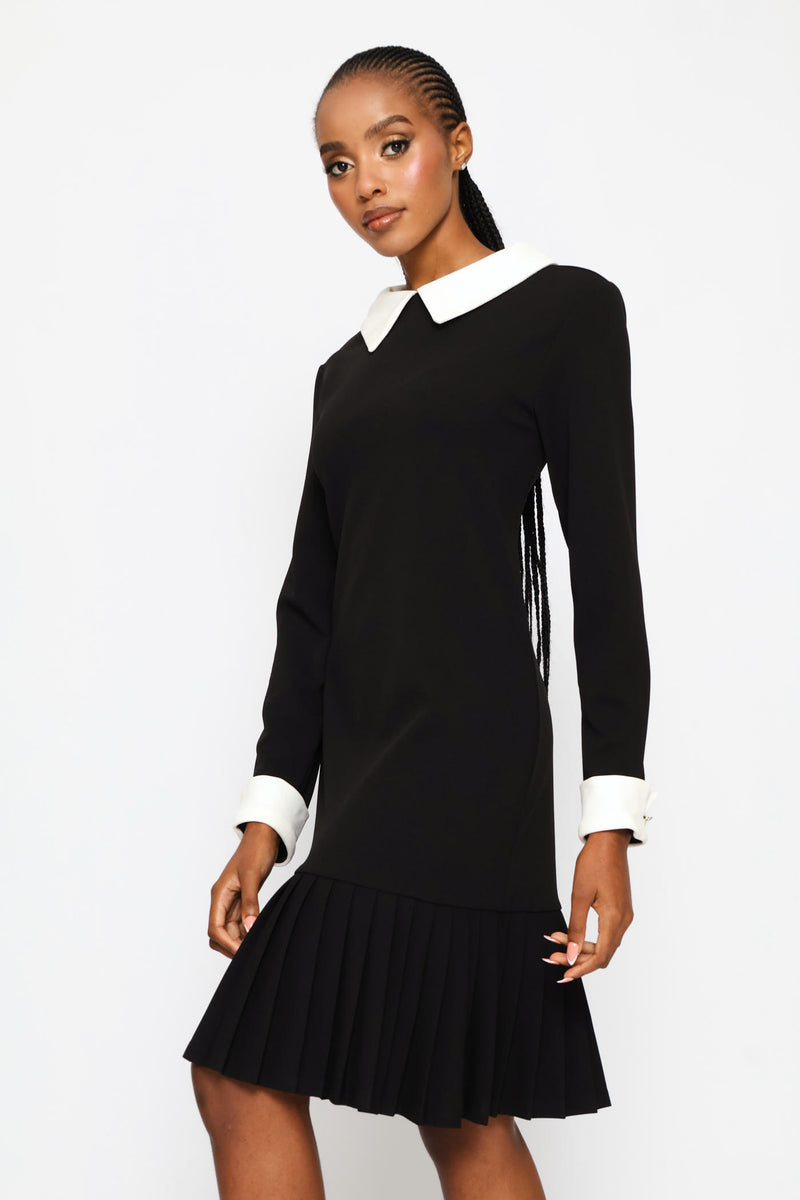 Pleated Hem Combo Shirt Dress - Black/Cream