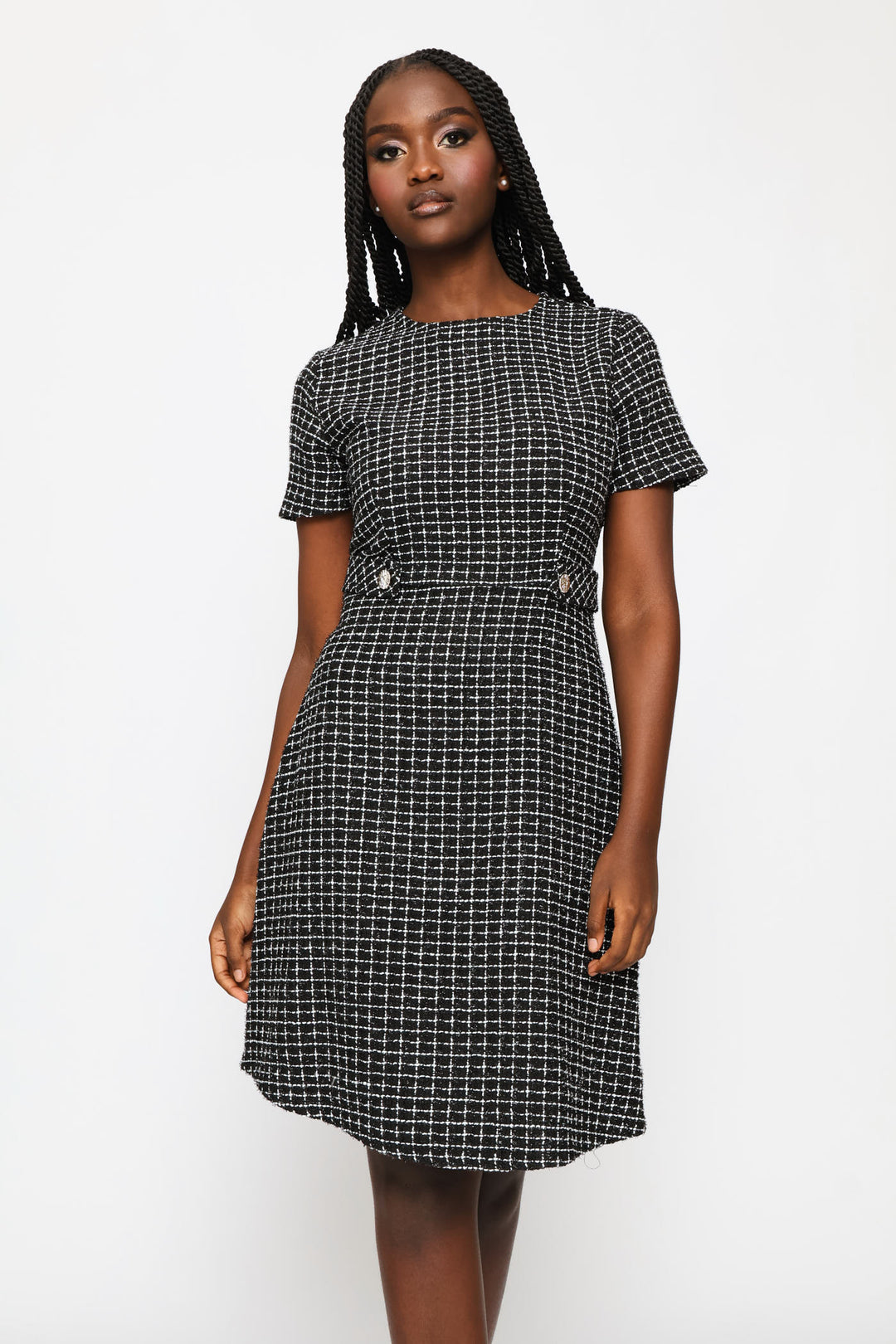 Button Tab Flared Tweed Dress - Black