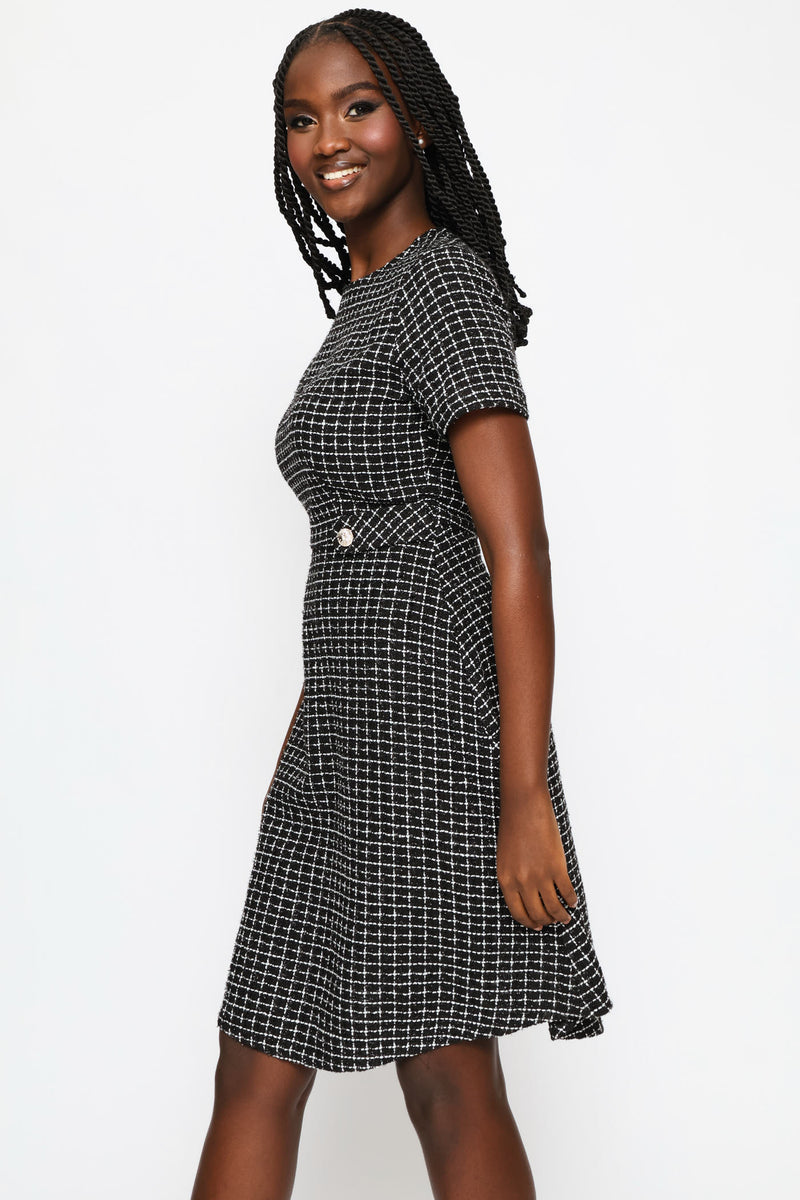 Button Tab Flared Tweed Dress - Black