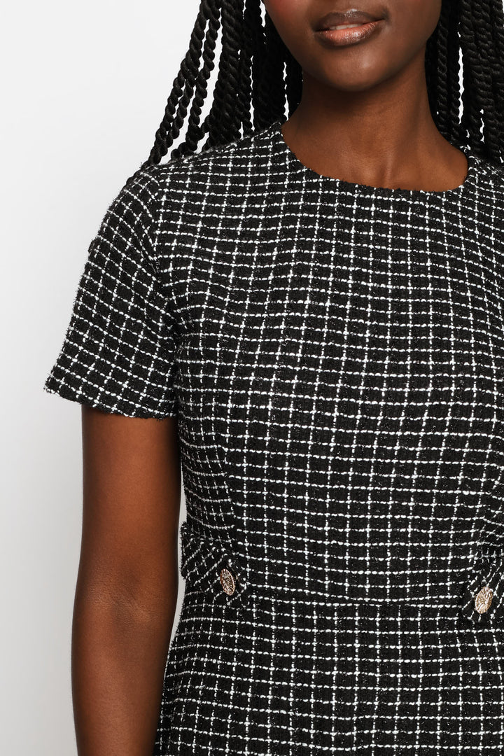 Button Tab Flared Tweed Dress - Black