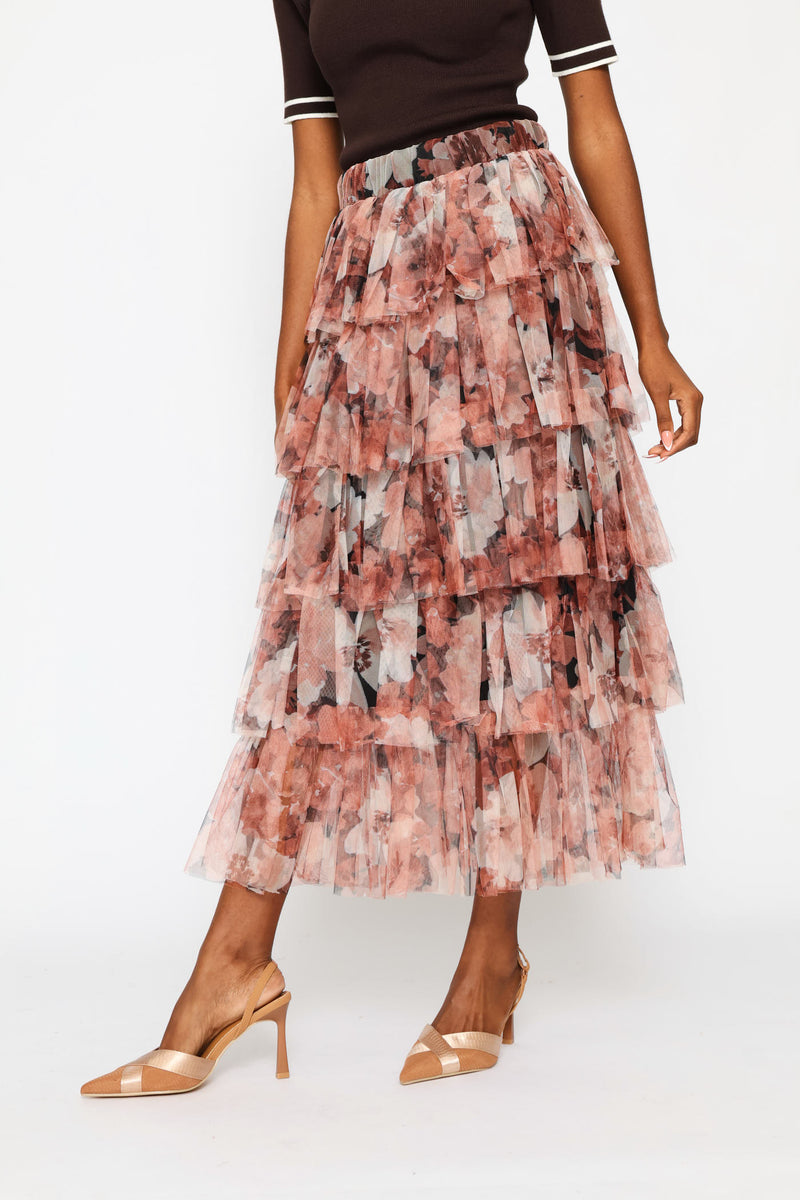 Multi Tiered Floral Rara Maxi Skirt - Blush