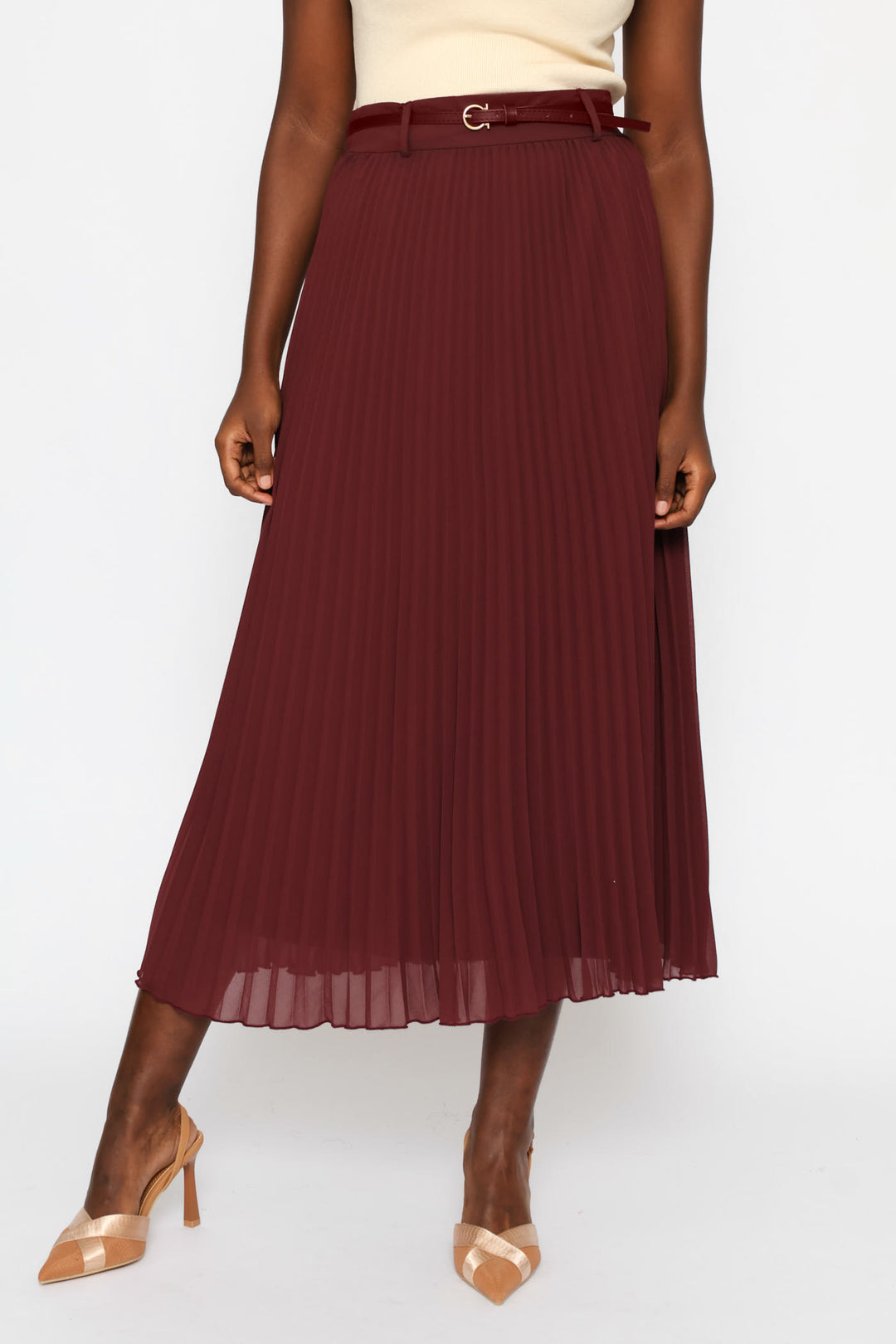 Belted Trim Pleated Chiffon Maxi Skirt - Burgundy