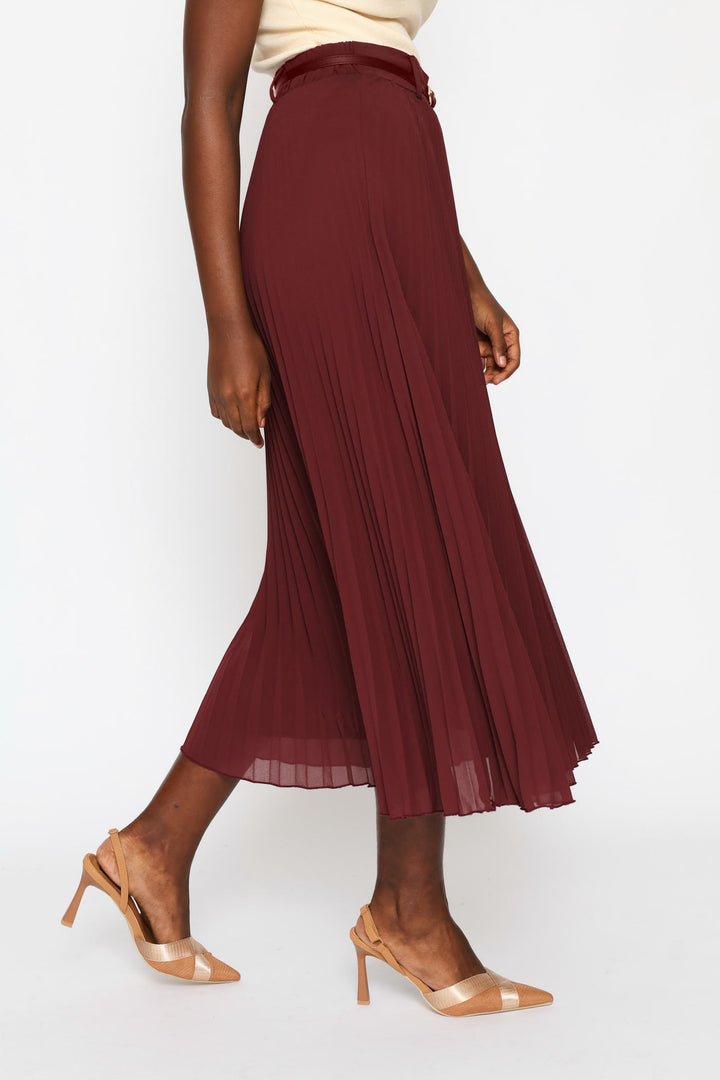 Belted Trim Pleated Chiffon Maxi Skirt - Burgundy