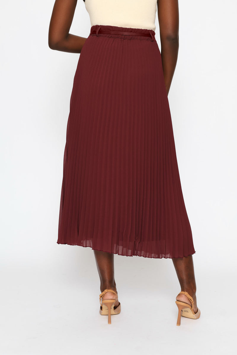 Belted Trim Pleated Chiffon Maxi Skirt - Burgundy