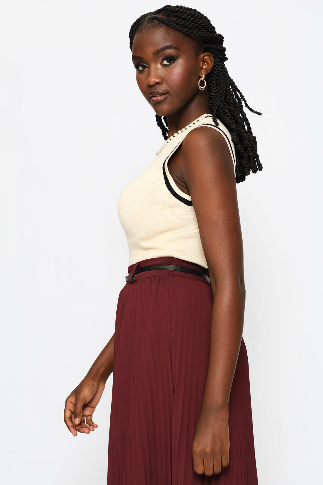 Pearl Neck Contrast Tank - Latte