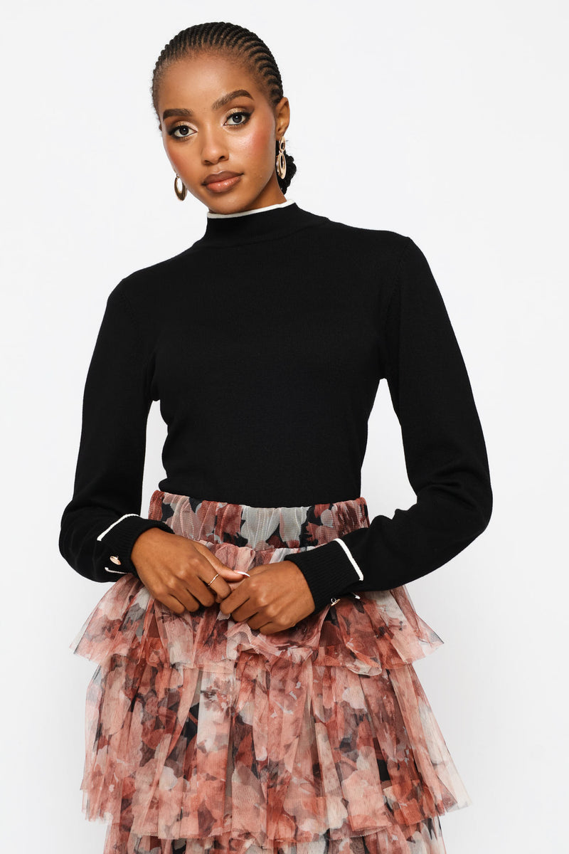 Turtleneck Turn Up Sleeve Pullover - Black