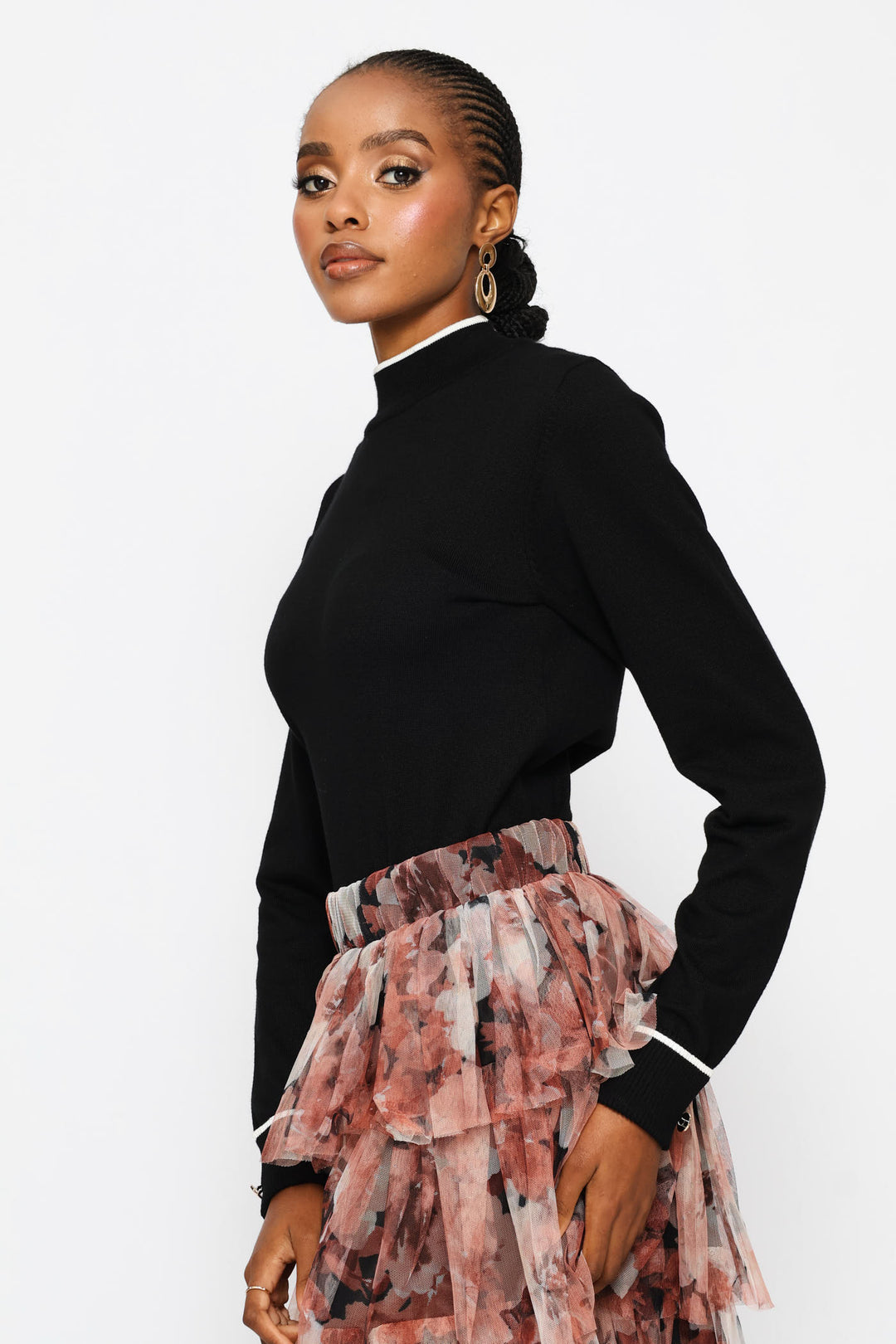 Turtleneck Turn Up Sleeve Pullover - Black