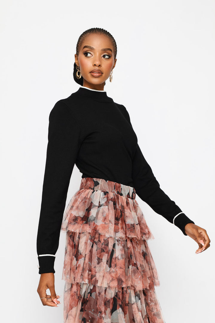 Turtleneck Turn Up Sleeve Pullover - Black