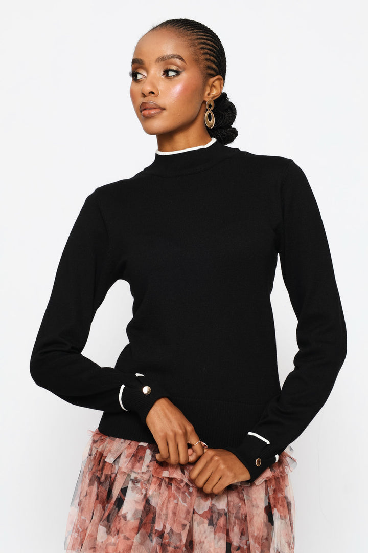 Turtleneck Turn Up Sleeve Pullover - Black