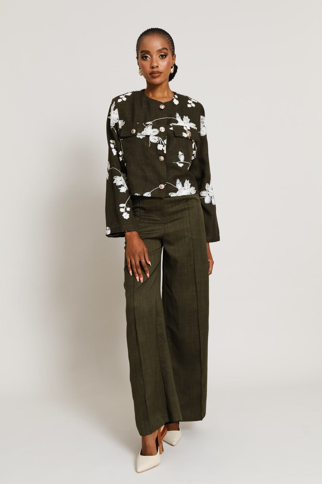 Embroidered Patch Pocket Blazer - Fatigue