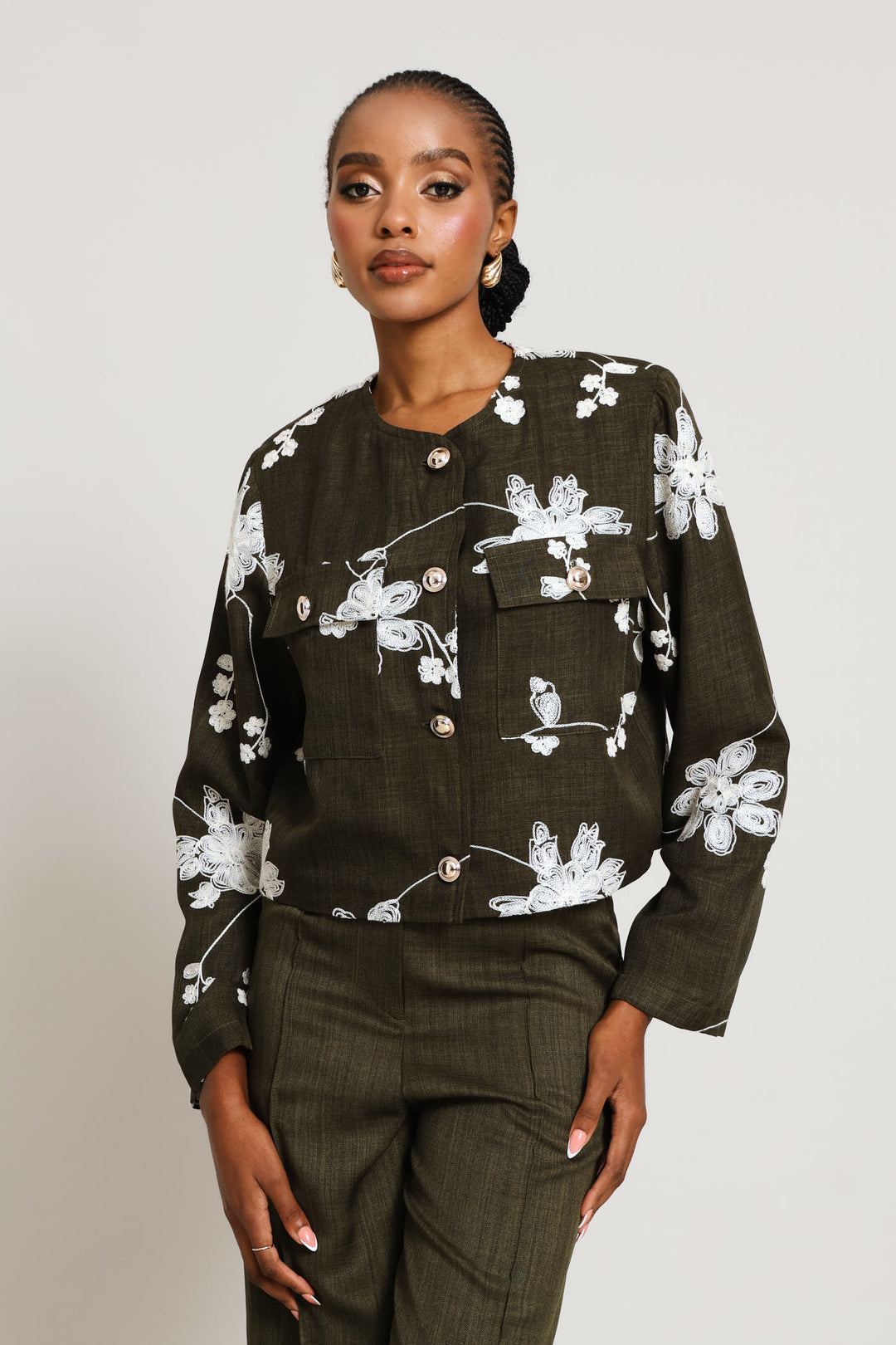 Embroidered Patch Pocket Blazer - Fatigue