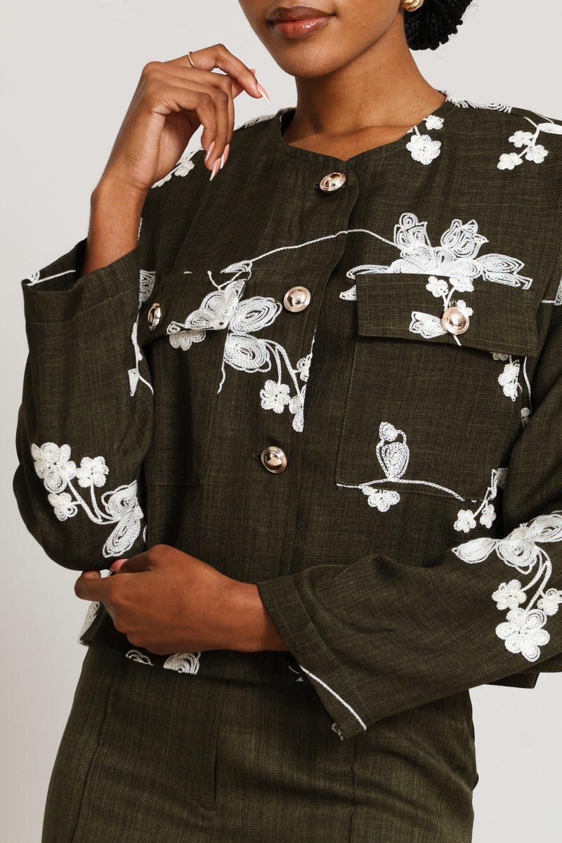 Embroidered Patch Pocket Blazer - Fatigue