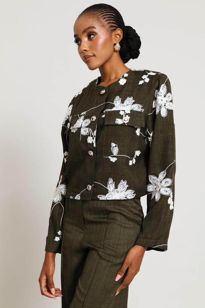 Embroidered Patch Pocket Blazer - Fatigue