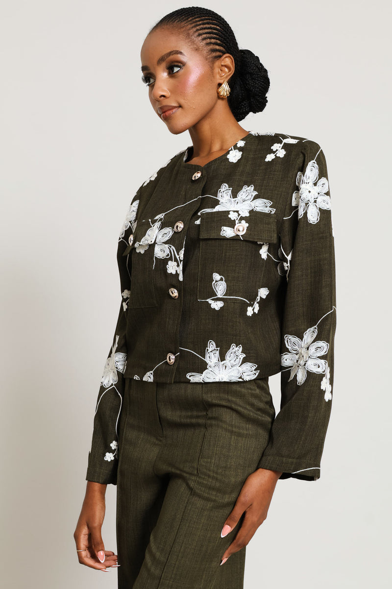 Embroidered Patch Pocket Blazer - Fatigue