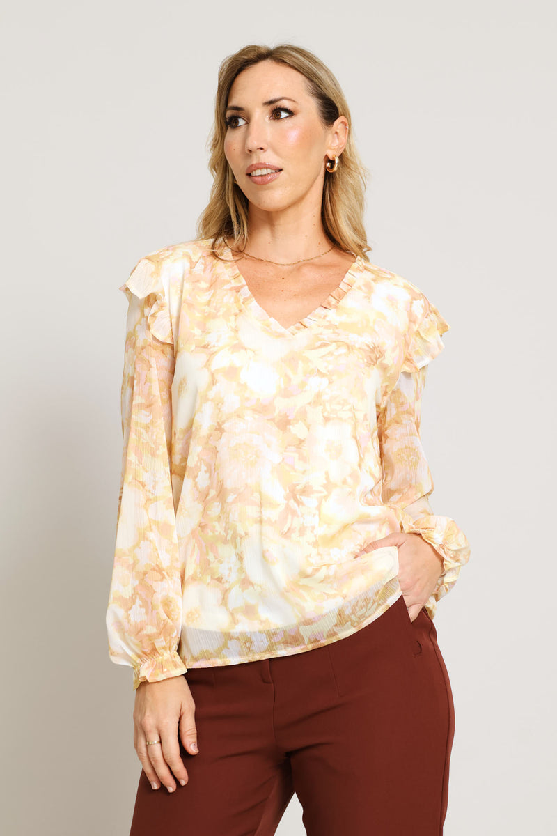 V-Neck Floral Ruffle Blouse - Cream