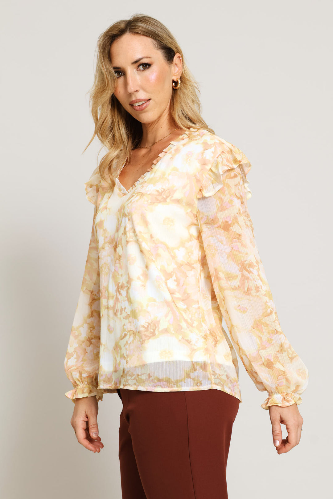 V-Neck Floral Ruffle Blouse - Cream