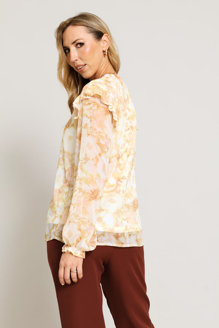 V-Neck Floral Ruffle Blouse - Cream