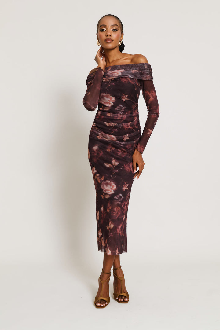 Off Shoulder  Mesh Maxi Dress - Plum