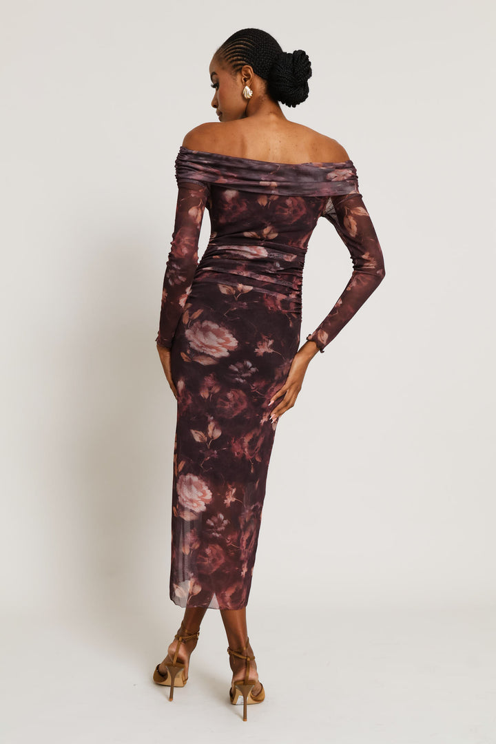 Off Shoulder  Mesh Maxi Dress - Plum