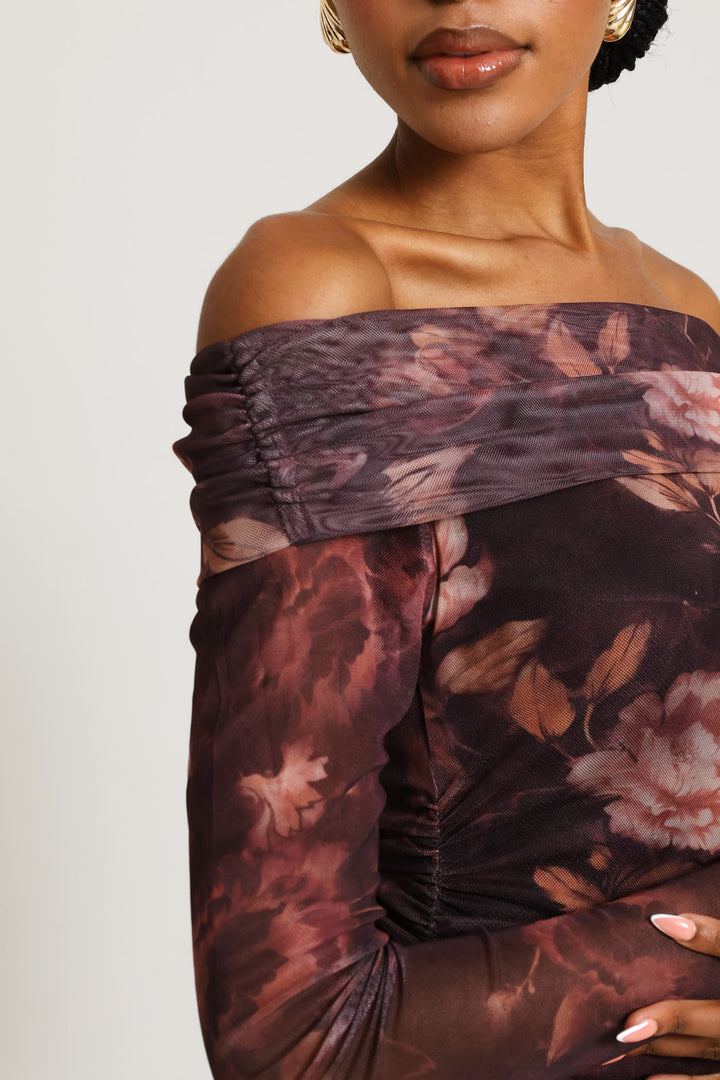 Off Shoulder  Mesh Maxi Dress - Plum